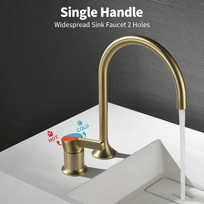 Bathroom Faucets Brushed Gold,Single Handle Brass Widespread Basin Faucet for Sink,High Arc Bathroom Sink Faucet 2 Hole,Vanity Vessel Sink Faucet Mixer Tap