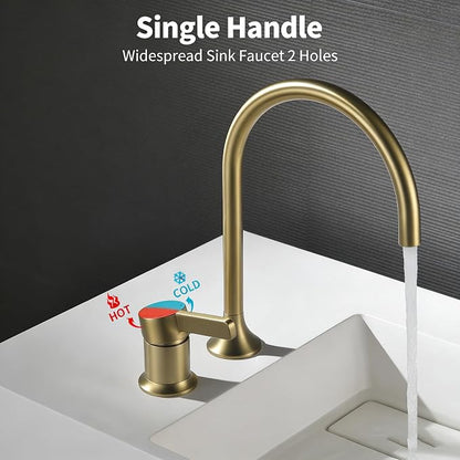 Bathroom Faucets Brushed Gold,Single Handle Brass Widespread Basin Faucet for Sink,High Arc Bathroom Sink Faucet 2 Hole,Vanity Vessel Sink Faucet Mixer Tap