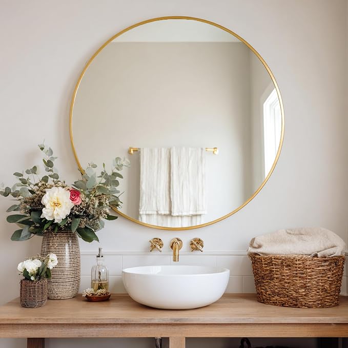 Big Circle Mirror 36 inch, Gold Round Mirror, Brushed Metal Frame | High Definition Mirror, Waterproof, Rust-resistant, perfect for Living room, Bathroom, Hallway, Bedroom, Cloakroom
