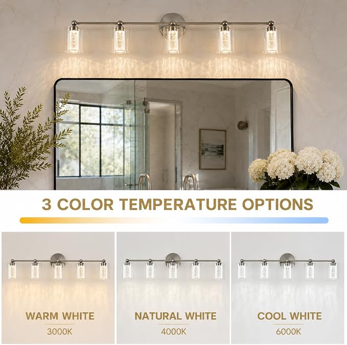Brushed Nickel Vanity Light with 3 Color Modes, Eye Protection LED Bathroom Light Fixtures, Dimmable Modern Wall Light Over Mirror with Clear Glass Shade (Brushed Nickel, 5-Light)