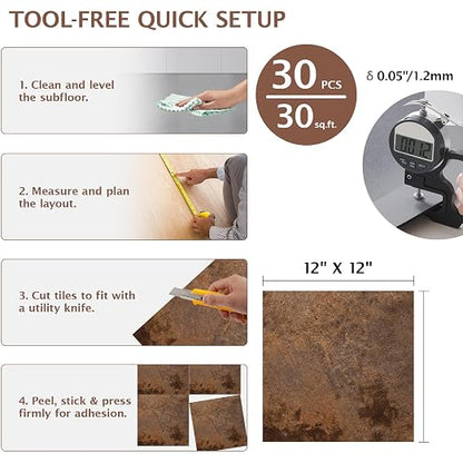 Peel and Stick Floor Tile, 30 PCS 12" x 12" Waterproof Marble Texture Luxury Vinyl Tiles, Easy DIY Self Adhesive Vinyl Flooring for Bathroom, Kitchen, Living Room, Rust Granite