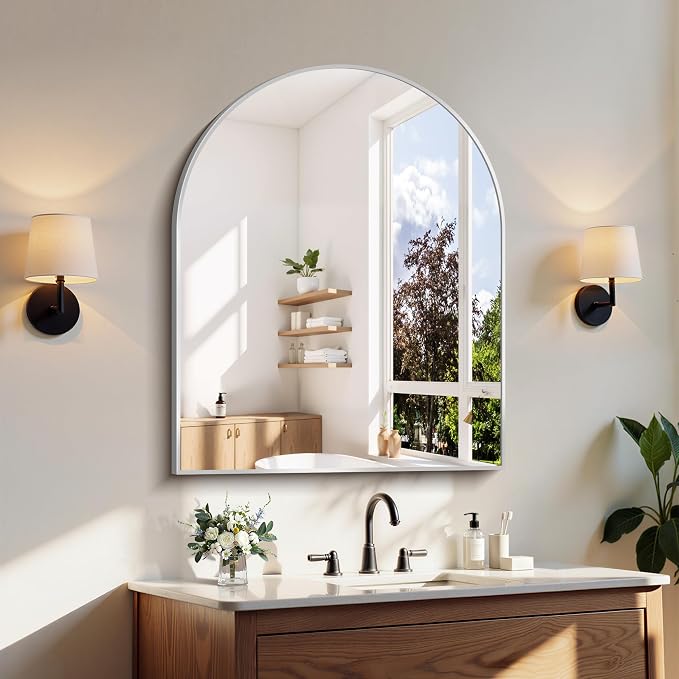 COFENY Arched Mirror, 30’’x36’’ Silver Arch Mirrors for Bathroom Sink, Bathroom Vanity Mirror with Metal Frame, Modern Wall Mounted Mirror for Bedroom Living Room Mantle Entryway