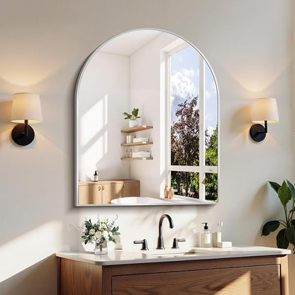 COFENY Arched Mirror, 30’’x36’’ Silver Arch Mirrors for Bathroom Sink, Bathroom Vanity Mirror with Metal Frame, Modern Wall Mounted Mirror for Bedroom Living Room Mantle Entryway