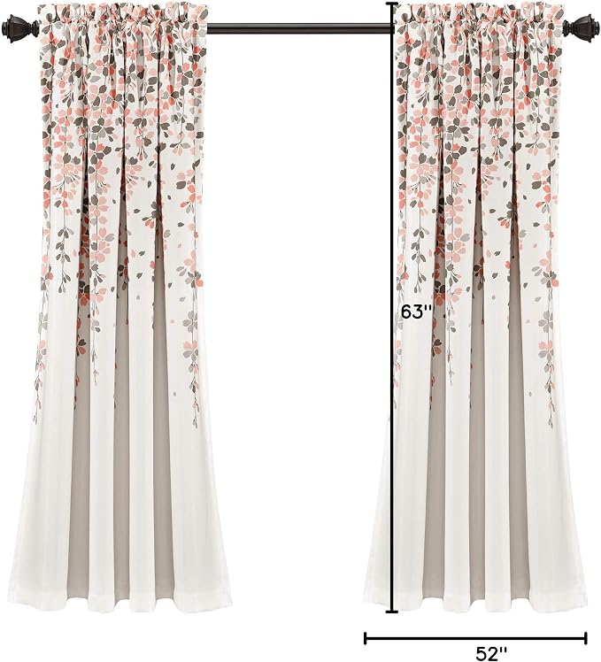 Lush Decor Weeping Flower Light Filtering Window Curtain Panels, Pair, 52"W x 63"L + 2" Header, Blush & Gray - Charming Modern Floral Curtains for Living Room, Dining Room, & Bedroom
