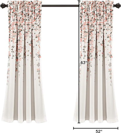Lush Decor Weeping Flower Light Filtering Window Curtain Panels, Pair, 52"W x 63"L + 2" Header, Blush & Gray - Charming Modern Floral Curtains for Living Room, Dining Room, & Bedroom