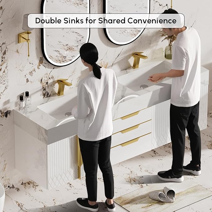 homary 60" Floating Bathroom Vanity Set with Double Sink, Modern Bathroom Sink Cabinet Storage Cabinet with Sintered Stone Countertop and Ample Storage, White