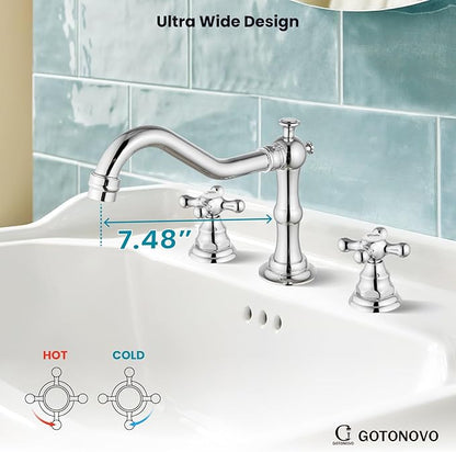 gotonovo Bathroom Faucet 3 Hole 8 Inch Widespread Bathroom Sink Faucet 2 Cross Handles Vintage Lavatory Vanity Mixer Tap with Pop Up Drain, Round Font Label, Polish Chrome