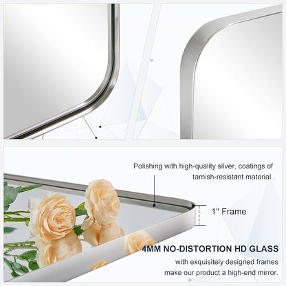 Chrome Mirror for Bathroom, 24"x36" Metal Frame Wall Mirror with Rounded Corner, Modern Rectangle Bathroom Vanity Mirror with Polish Finish