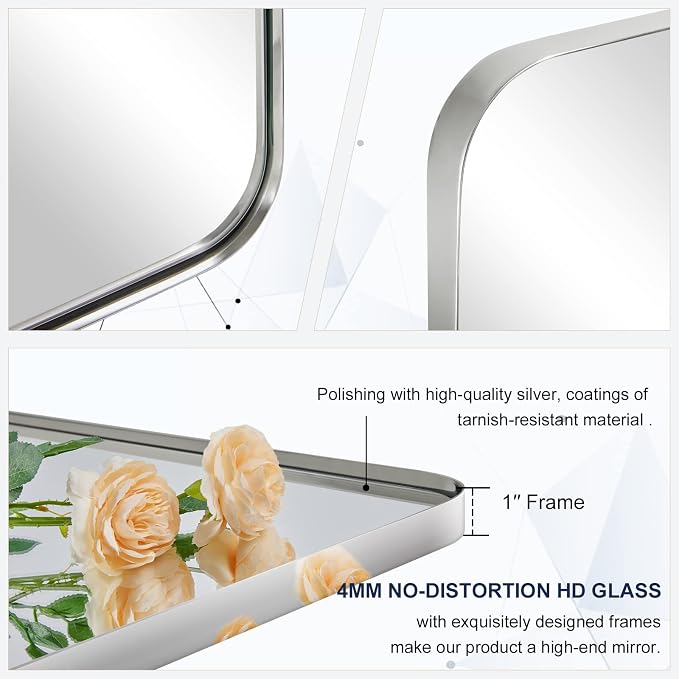 Chrome Mirror for Bathroom, 22"x30"Metal Frame Wall Mirror, Rectangular Stainless Steel Rounded Corner Mirror with 1" Deep Set Design Hangs Horizontal Or Vertical