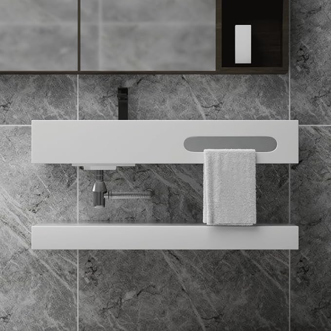 Wall-Mounted Resin Stone 36" Bathroom Sink, Seamless Integrated Vessel Sink with Sloped Design & Open Storage Shelf, Modern Floating Vanity for Bathrooms & Outdoor Spaces