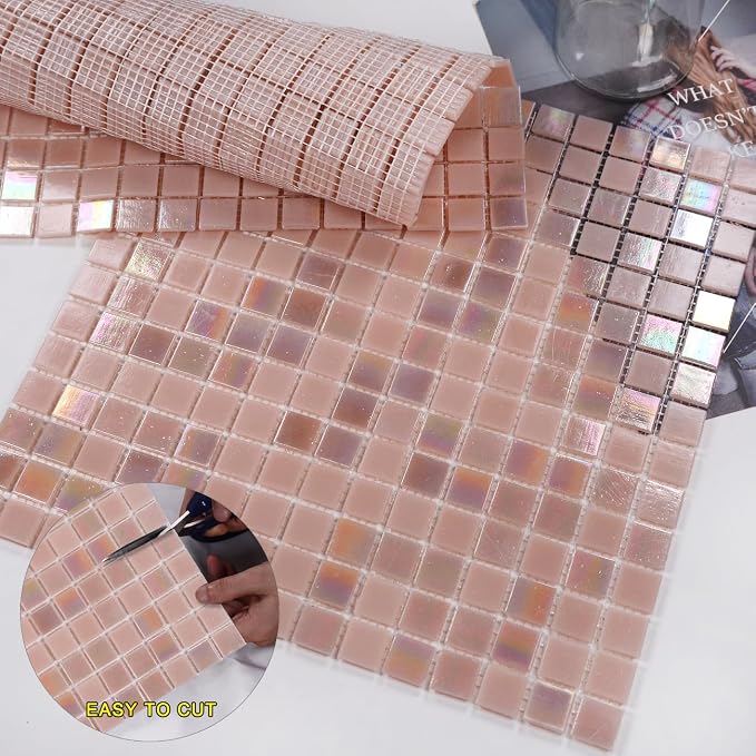 11.5sq.ft Pink Mosaic Glass Mosaic Tile for Bathroom, Pool, Backsplash | Waterproof Wall & Floor Tile. Heat & frost resistant outdoors, steam Areas, Fireplace, Restaurants, Hotels, Laundry, 10pcs.