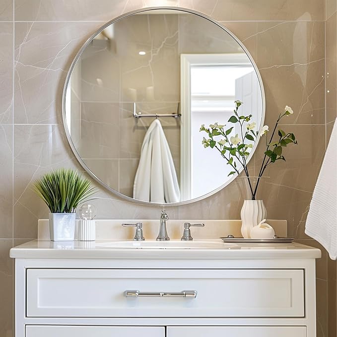 Round Mirror 28 inch,Circle Wall Mirror, Brushed Nickel Metal Frame | High Definition Mirror, Rust-resistant, Easy Installation, Circular Mirrors for Living room Bedroom, Entrance, Restroom