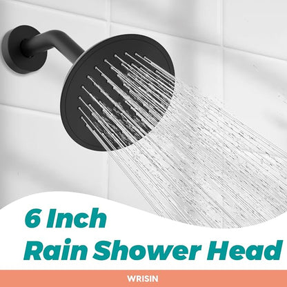 Black Shower Faucet Set with Valve, Black Shower Head and Handle Set 6 Inch Showerhead
