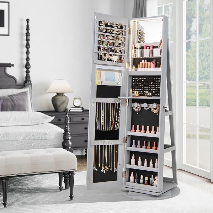 CHARMAID 360° Swivel Jewelry Armoire with Full Length Mirror, Rear Storage Shelves, Lockable Standing Jewelry Cabinet Organizer with Interior Vanity Mirror and 3-Color Lights (Gray)