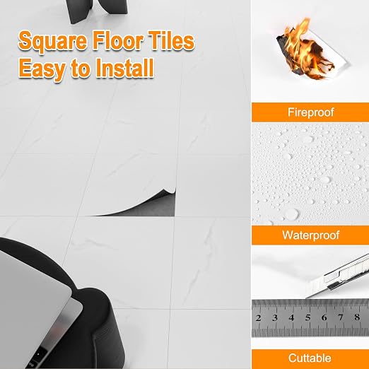 White Marble Peel and Stick Floor Tile 10-Pack 12 x 12 inch,Self-Adhesive Waterproof Vinyl Flooring Plank for Bathroom,Kitchen, Dining Room, Bedrooms, Cover 10 Sq. Ft