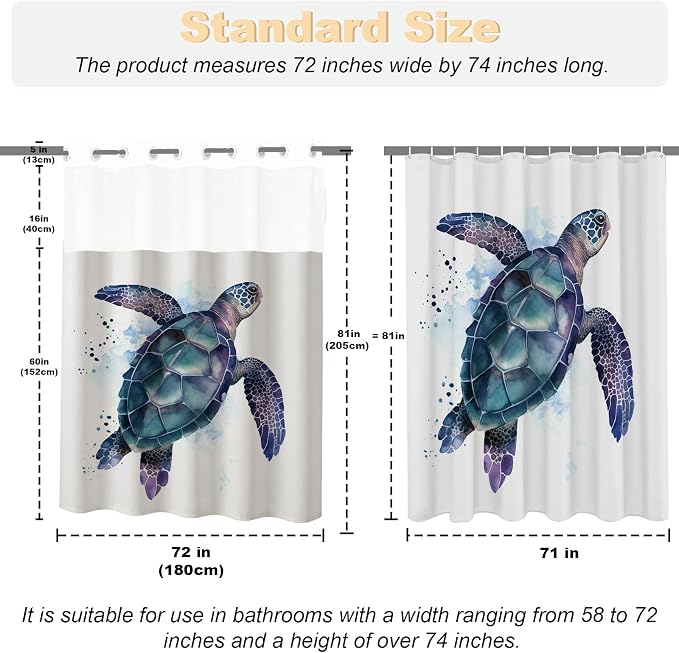 Funny Sea Turtle Shower Curtains Ocean Animal Cartoon Kids Theme No Hook Waffle Weave Shower Curtain with Snap in Liner Polyester Fabric Bathroom Decor Set 72 W x 81 H Inch Teal Purple