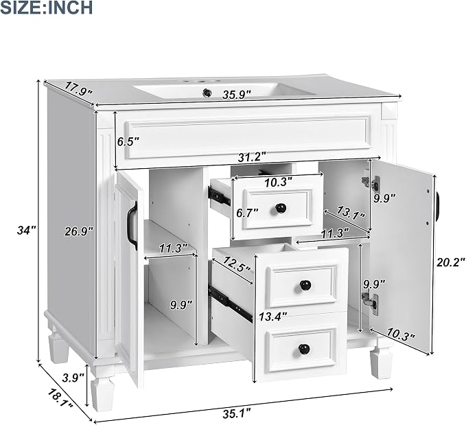 36" Bathroom Vanity with Top Sink, Mirror Cabinet, Modern Bathroom Storage Cabinet with 2 Soft Closing Doors and 2 Drawers, Single Sink Bathroom Vanity