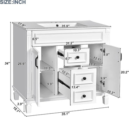 36" Bathroom Vanity with Top Sink, Mirror Cabinet, Modern Bathroom Storage Cabinet with 2 Soft Closing Doors and 2 Drawers, Single Sink Bathroom Vanity