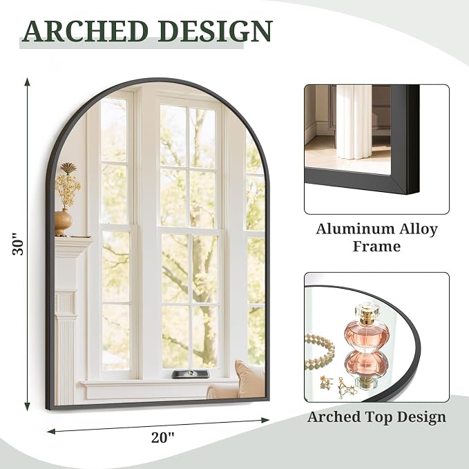 Arched Wall Mirror 30x20 Inch Black Bathroom Vanity Mirror with Metal Frame | Modern Arch Mirror for Bedroom, Living Room, Entryway, Wall Mounted Decorative Mirror