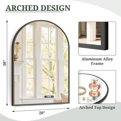 Arched Wall Mirror 30x20 Inch Black Bathroom Vanity Mirror with Metal Frame | Modern Arch Mirror for Bedroom, Living Room, Entryway, Wall Mounted Decorative Mirror