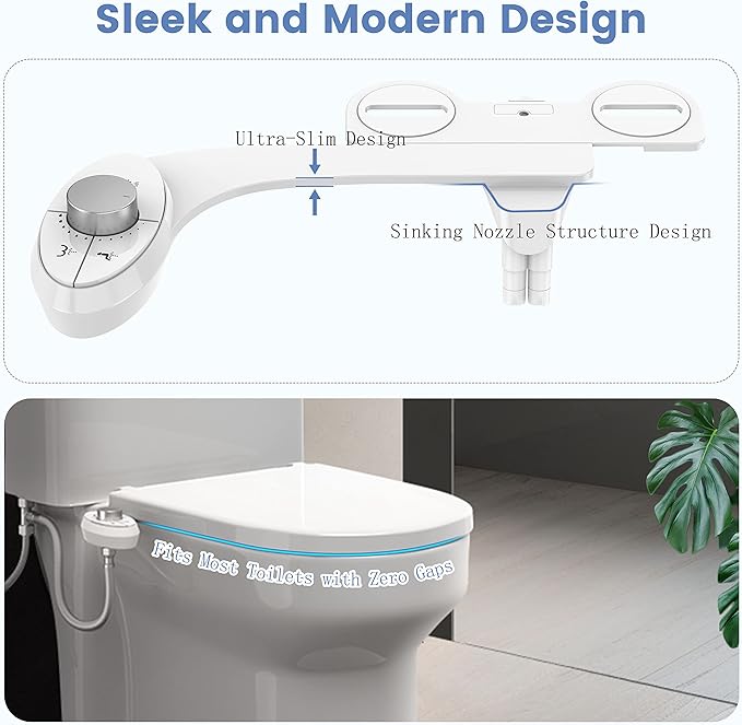Ultra-Slim Bidet Attachment for Toilet - Effortless Non-Electric Self-Cleaning Dual Retractable Nozzles Bidets Toilet Seat, Adjustable Water Pressure Fresh Water Sprayer Baday