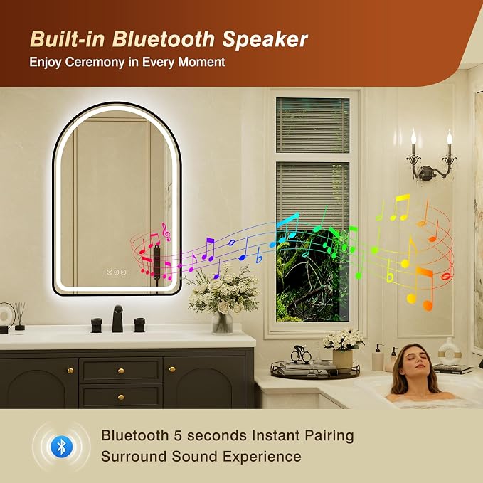24x36 Inch Arched Black Framed LED Bathroom Mirror with Lights, Built-in Bluetooth Speaker,Tempered Glass,Dimmable Lighted Bathroom Vanity Mirror with 3 Colors, Backlit + Frontlit, Memory, Anti-Fog
