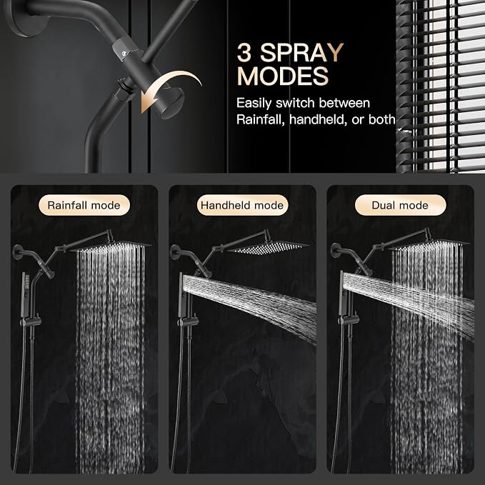 All Metal 12" Shower Head with Handheld, Built-in Power Jet Mode | Luxurious, Square, Rain Shower Heads with Spray Combo Set, High Pressure, Dual, Rainfall, with Extension Arm, Matte Black
