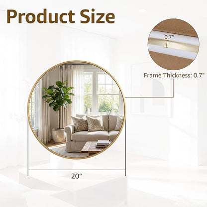 DUMOS 20 Inch Round Wall Mirror, Bathroom Mirrors for Over Sink | Matte Metal Framed Circle Mirror, Wall Decor for Bedroom, Entryway, Anti-Rust, Tempered Glass, Hanging or Leaning, Gold