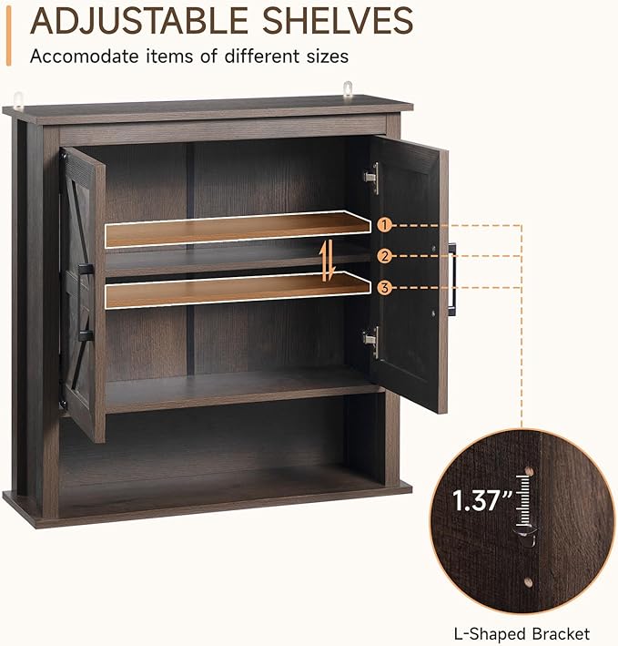 HollyHOME Bathroom Wall Cabinet, Farmhouse Barn Door Wood Medicine Cabinet with Adjustable Shelves, Wall-Mounted Over-The-Toilet Storage, Dark Brown