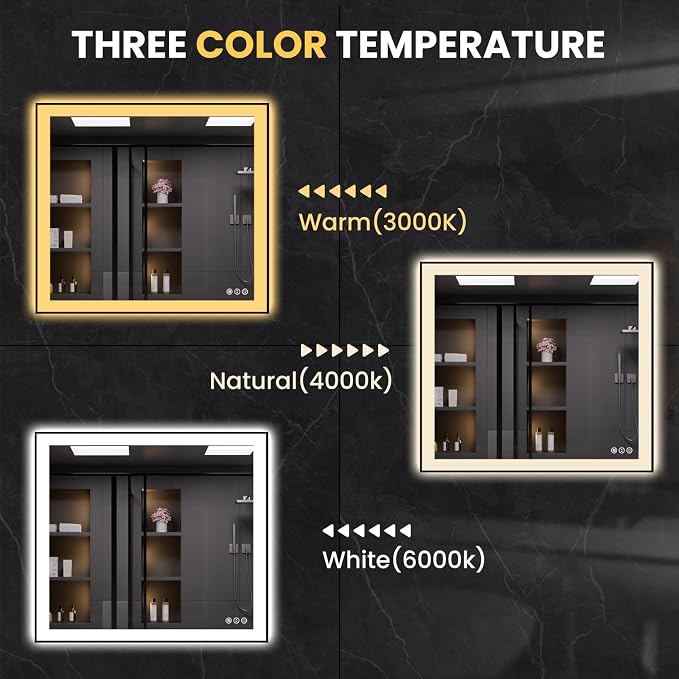 LOAAO 40"X38" LED Bathroom Mirror Black Framed | Anti-Fog, Dimmable, Memory Function, Tempered Glass, Lighted Vanity Mirror for Wall