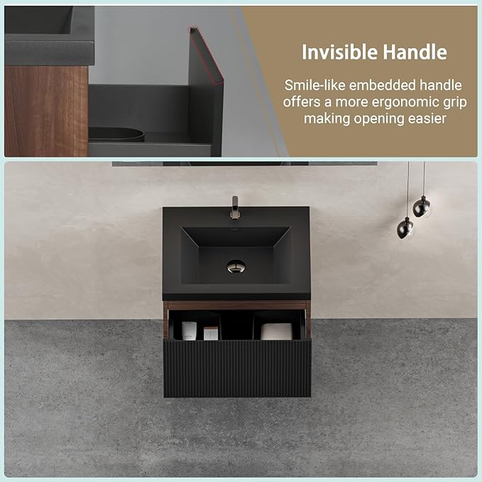 Wall Mounted Bathroom Sink Vanity, Modern 24" Floating Vanity with Resin Top Basin Sink and U-Shaped Soft-Close Storage Drawer, Striped Bathroom Storage Cabinet with Invisible Handle, Black