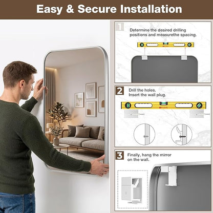 12"x16" Bathroom Mirror for Over Sink, Brushed Nickel Vanity Mirror | Aluminum Alloy Frame, Clear Reflection, Rust-Resistant, Vertical or Horizontal, Wall Mount, Bedroom and Entryway