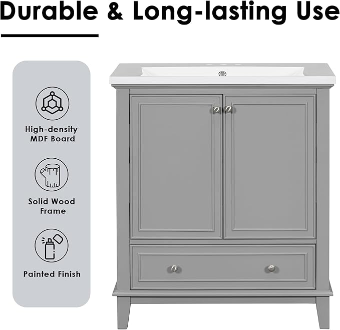 LUMISOL 30" Bathroom Vanity with Sink Set, Modern Single Bathroom Cabinet with Storage Doors and Drawer, Solid Wood Bathroom Vanity with Ceramic Sink, Grey