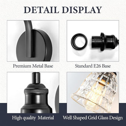 Modern Black Wall Sconce, Bathroom Vanity Fixture with Clear Glass | Vintage Vanity Light for Bathroom, Indoor Wall Lamps for Living Room Bedroom Kitchen Hallway Stairway E26 Hardwire