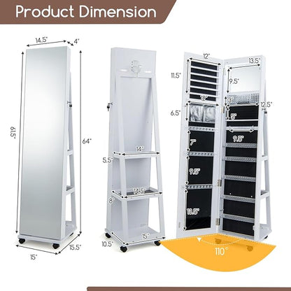 GOFLAME Jewelry Cabinet with Full Length Mirror, Lockable Jewelry Storage Organizer with Wheels, 3-Color LED Lights, Inner Mirror, Freestanding Jewelry Armoire with Rear Storage Shelves, White