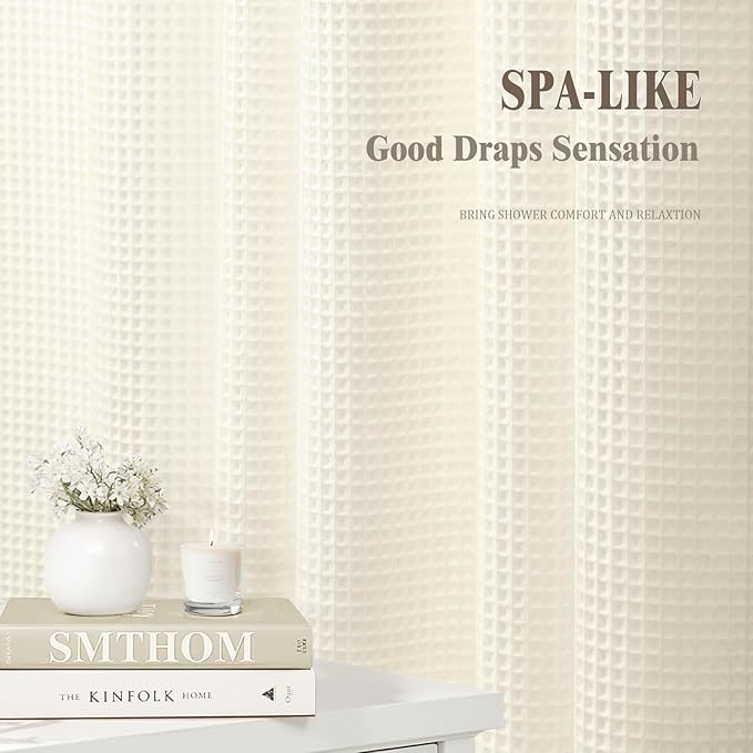Extra Long Waffle Shower Curtain - Ivory Cotton Texture Fabric Heavyweight Shower Curtains for Bathroom,72Wx84L
