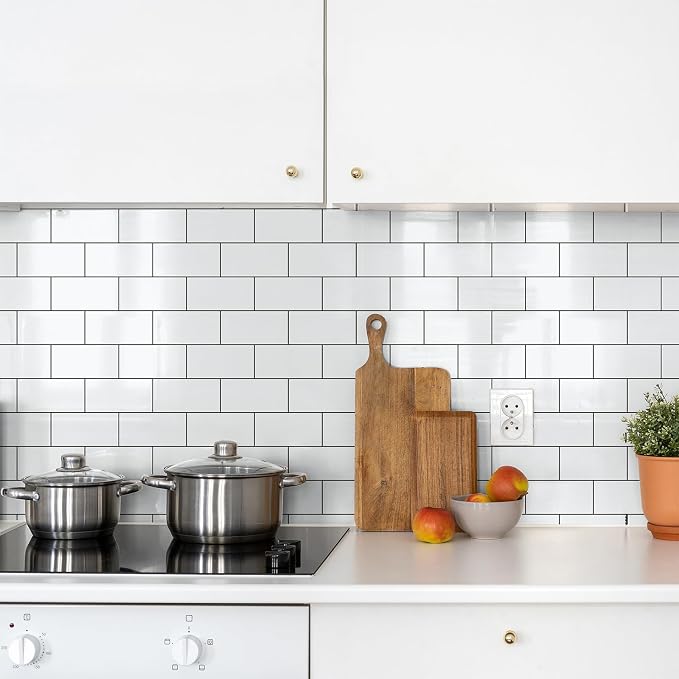 StyloVue 100 Pieces Peel and Stick Backsplash for Kitchen, 3" x 6" PVC Subway Tile, Glossy White with Dark Gray Grout, Self Adhesive Stick on Wall Tiles for Kitchen, Bathroom, Fireplace, RV