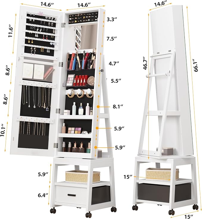 GAOMON 360° Swivel Jewelry Armoire, Floor Standing Locking with Full Length Mirror, Inside Makeup Mirror, Bottom Drawer, Rear Storage Shelves, Wheels, Cabinet with Large Storage Capacity, White