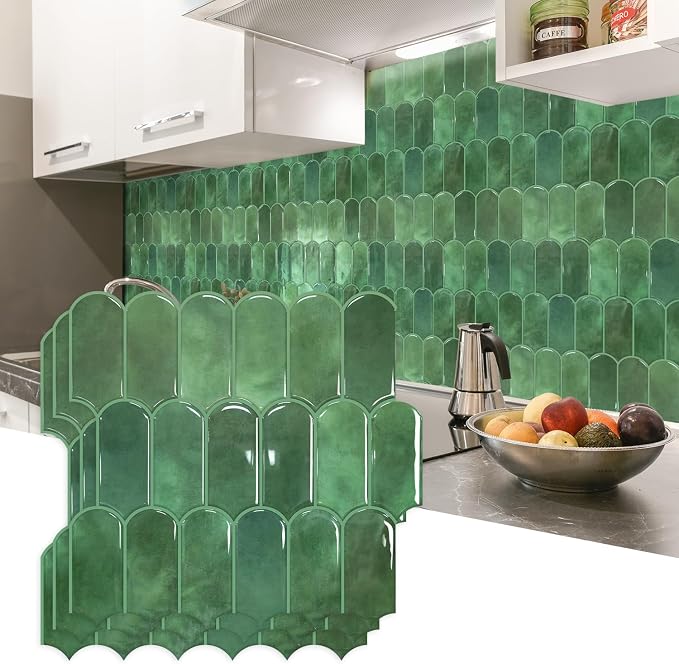 Vamos Tile Thicker Peel and Stick Backsplash Tile,Green,10-Sheet | Self Adhesive Vinyl Wall Tiles with Green Grout, Stick on Backsplash for Kitchen, Bathroom,RV,Laundry,11.1''x12''