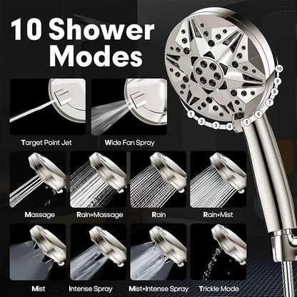 Filtered Brushed Nickel High Pressure Handheld Shower Head – 10 Spray Modes with Rain & Massage, Built-in Filter for Cleaner Water, Anti-Clog Nozzles, Power Rinse for Tile & Pets