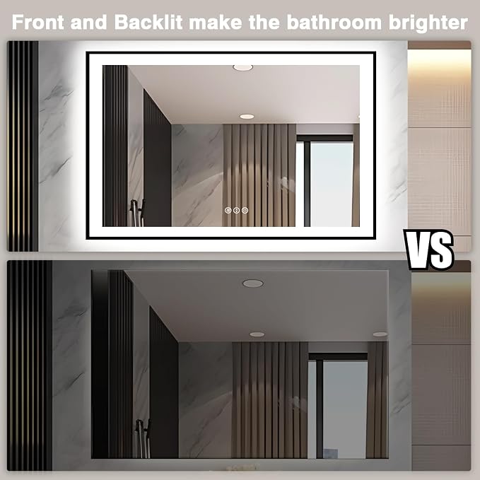 EchosLife 51x32 LED Bathroom Mirror - Black Framed | Black Frame, Front and Backlit, Anti-Fog, Stepless Dimmable, 3 Colors, Memory, Tempered Glass, UL Listed, Horizontal/Vertical