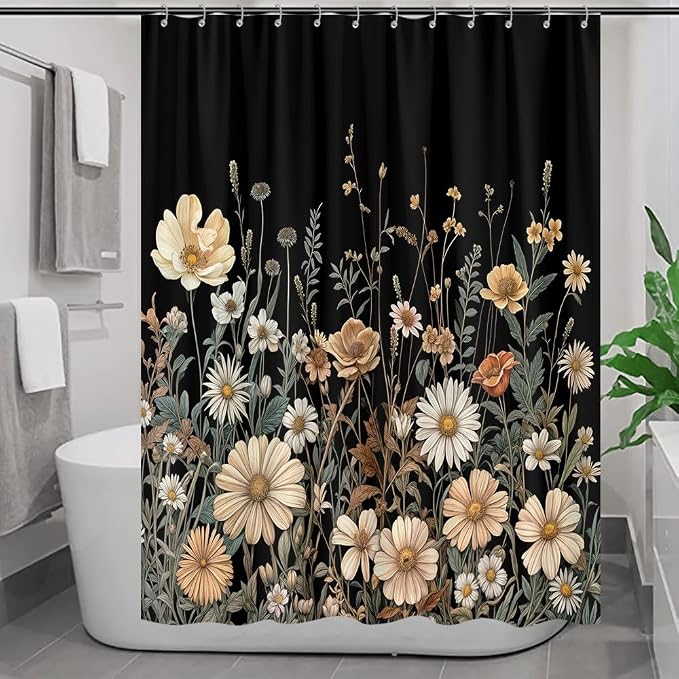 Vintage Boho Floral Shower Curtain, Cute Retro Bohemian Flower Botanical Aesthetic Decorative Shower Curtain Set with Hooks, Unique Dark Wildflower Rustic Farmhouse Shower Curtains for Bathroom 60X72