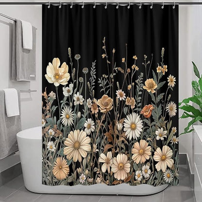 Vintage Boho Floral Shower Curtain, Cute Retro Bohemian Flower Botanical Aesthetic Decorative Shower Curtain Set with Hooks, Unique Dark Wildflower Rustic Farmhouse Shower Curtains for Bathroom 60X72