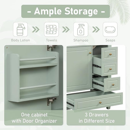 30" Vanity with Sink, Bathroom Vanities 30 Inch with Sink, Single Sink Bathroom Vanity with Door Shelf and Three Drawers, Restroom Vanity with Sink Top (Light Green)