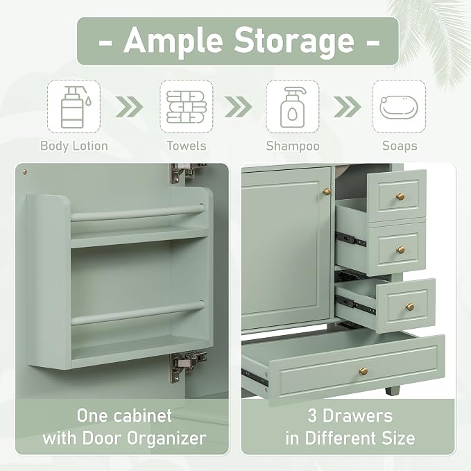 Merax 30" Bathroom Vanities Cabinet with Ceramic Sink Set Combo, Multi-Functional Storage Organizer Door Shelf, Three Drawers, Soft-Closing Door, Light Green