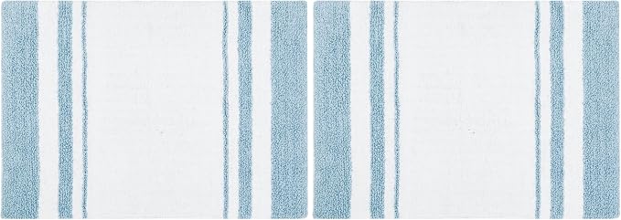 Madison Park Reversible Spa Rug 100%-Cotton Striped Ultra Soft Water Fast Bath Non-Slip Absorbent Quick Dry Mats for Tub, Shower Room, and Bathroom, 20"x30", Blue (MP72-6210) (Pack of 2)