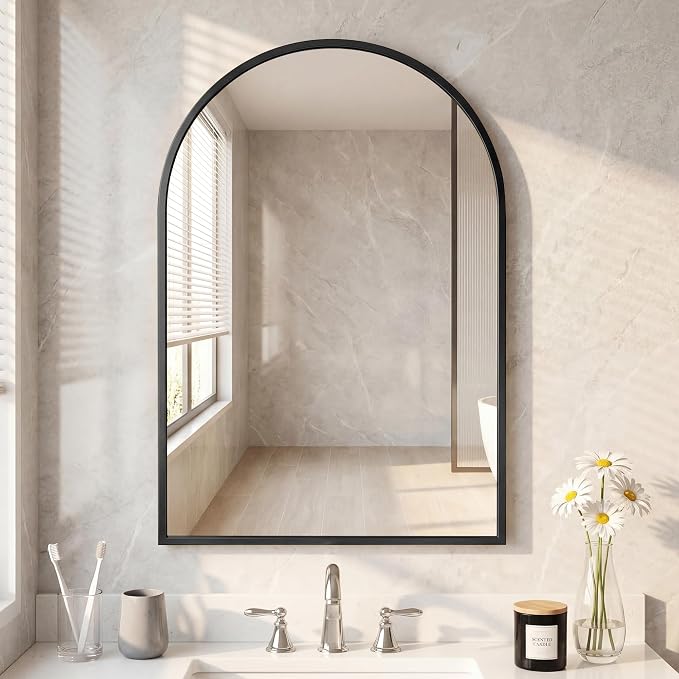 DUMOS 26"x38" Arched Wall Mirror, Bathroom Mirrors for Over Sink, Black | Tempered Glass & Anti Rust Metal Frame, Decor for Entryway, Living Room, Bedroom, Vanity