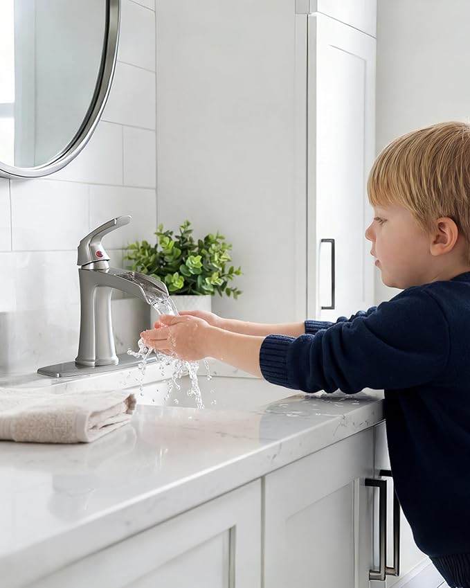 Fapully Bathroom Faucets Brushed Nickel, Modern Waterfall Bathroom Sink Faucet with Single Handle for 1 or 3 Holes, Vanity Faucet with Deck Plate and Drain