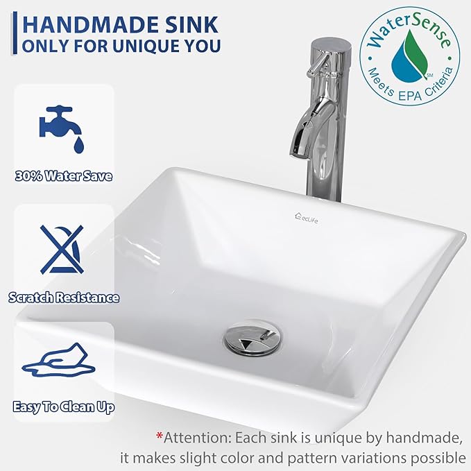 eclife 24" Floating Bathroom Vanities with Sink Combo, Wall Mounted Modern Cabinet W/Diamond Line Pattern Design, White Square Ceramic Vessel Sink W/Water Save Faucet & Pop Up Drain, Black