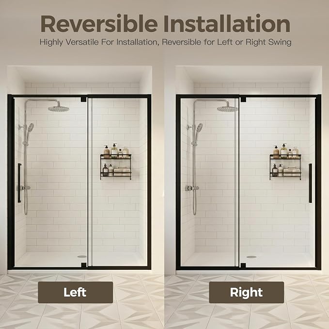 56-60" W x 72" H Semi-Frameless Pivot Swing Shower Doors | 1/4" (6mm) Clear SGCC Tempered Glass with a 24.8" walk-in opening, Matte Black Finish, Reversible, Magnetic Closing